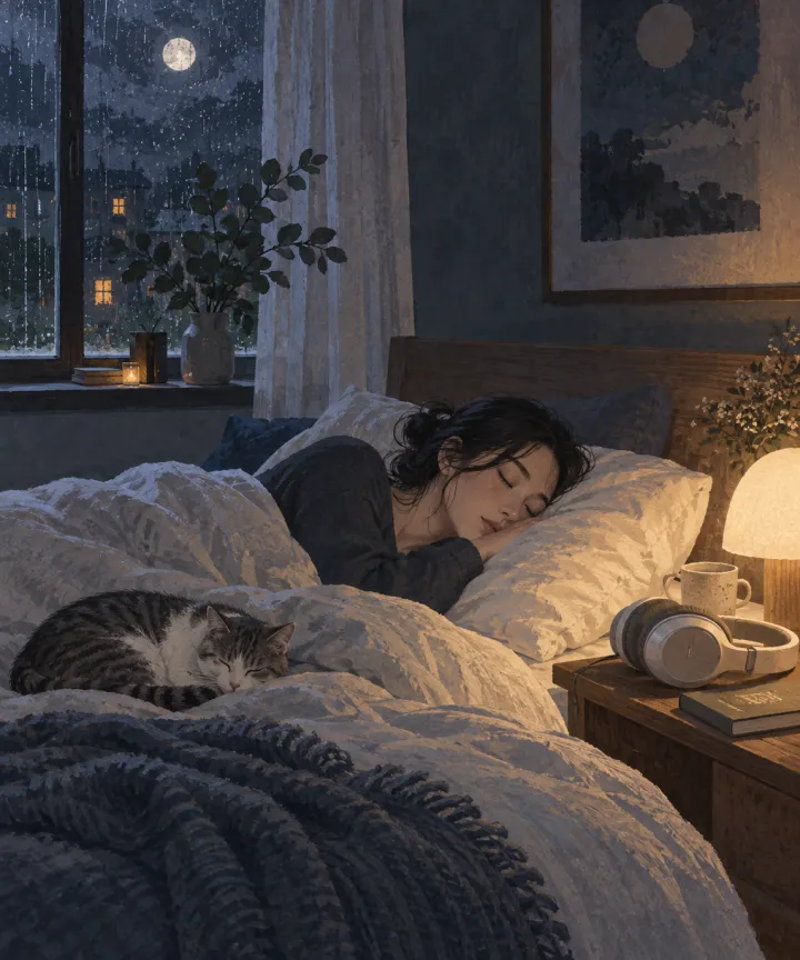 深夜入睡：雨夜卧室里安睡的人、猫和床边耳机
